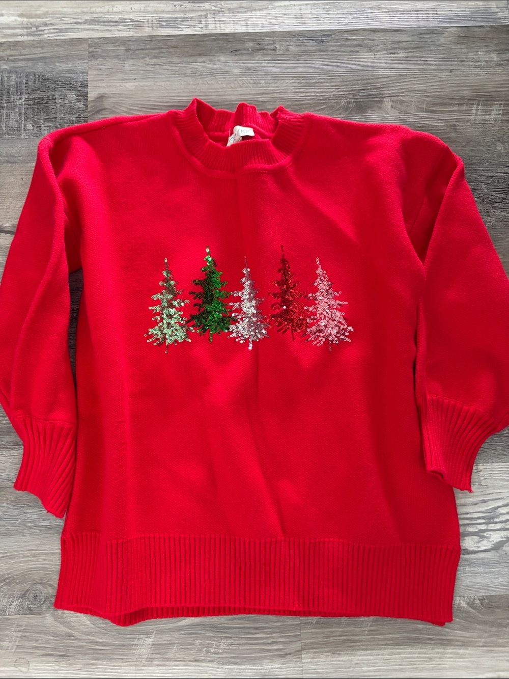 She + Sky Red Oversized Thick Sweater with Sequin Tree Motif size small/medium